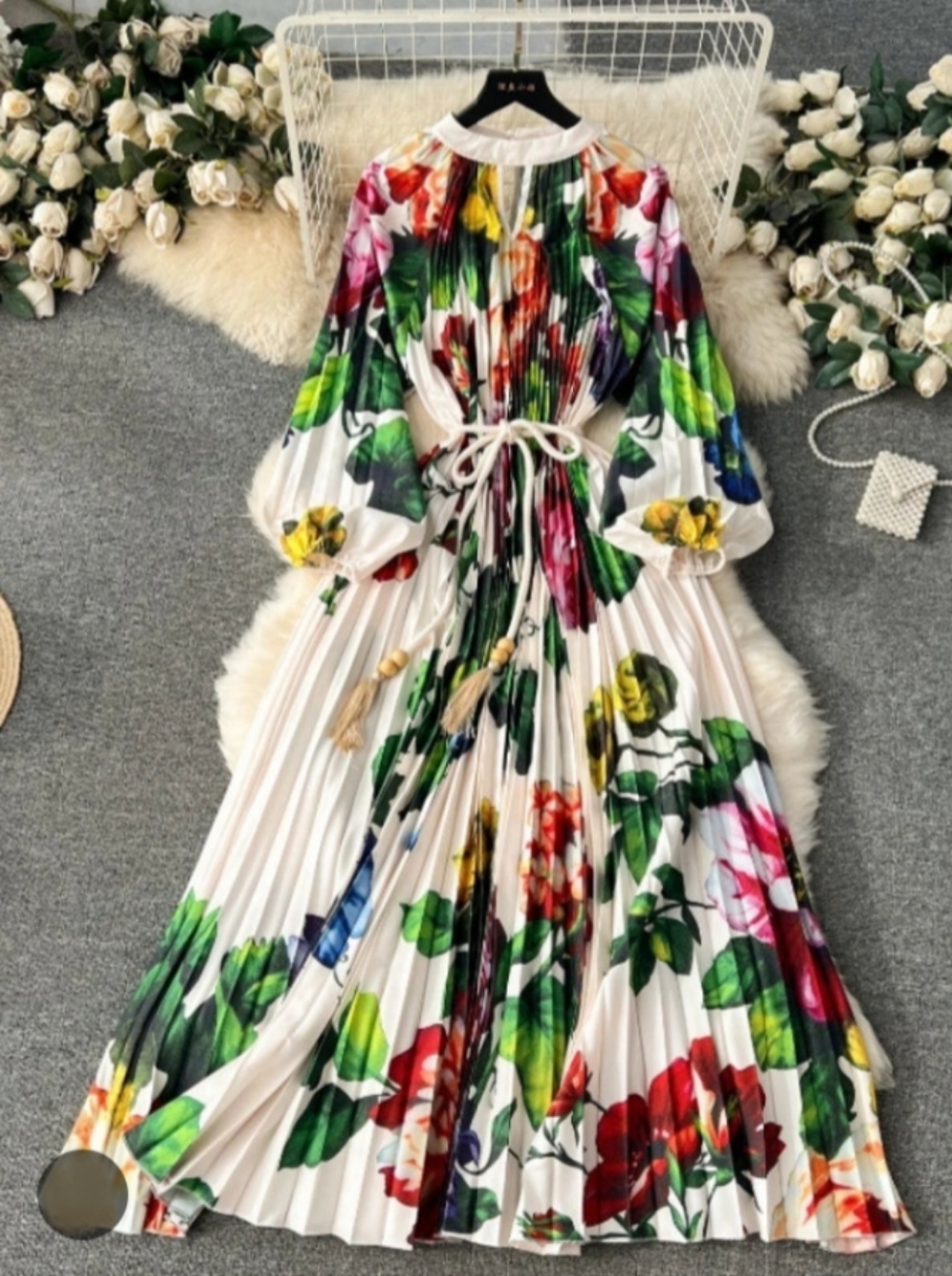 Women Colorful Flower Printed Belted Pleated Maxi Dress - Picture 1 of 10